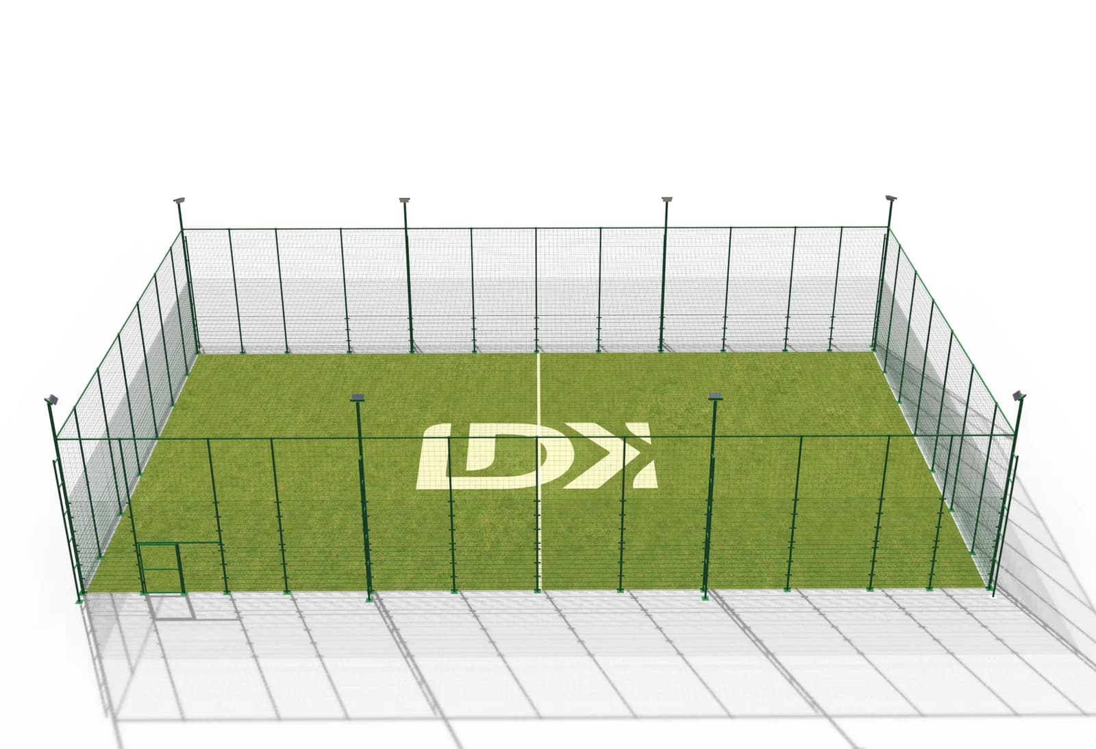 Elevated view of a soccer cage enclosed with double-wire fence panels and lighting