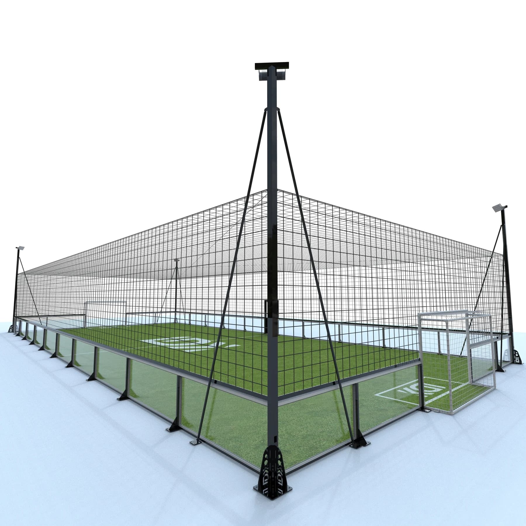 Vorder- und Eingangsansicht des Fußball-Cages aus Einscheibensicherheitsglas