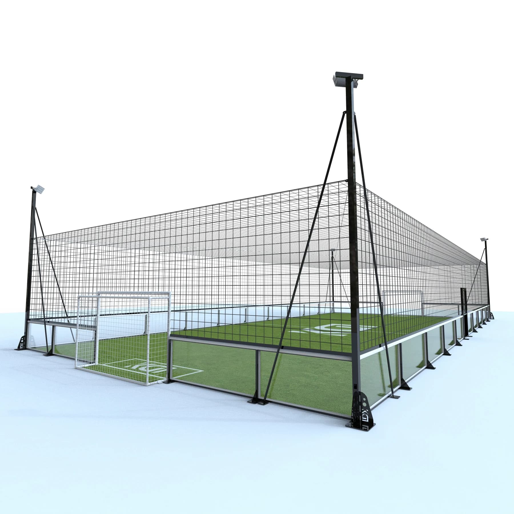 Tempered-glass soccer cage with upper containment fencing