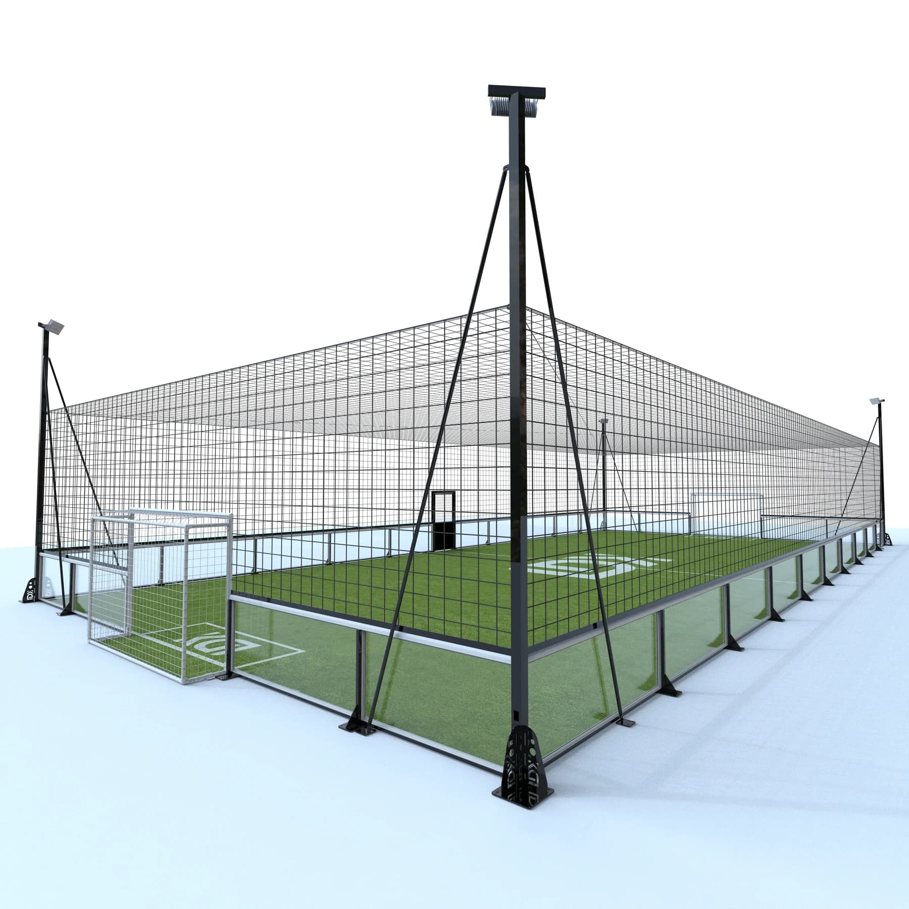 Ansicht der hinteren Ecke des Fußball-Cages aus Einscheibensicherheitsglas