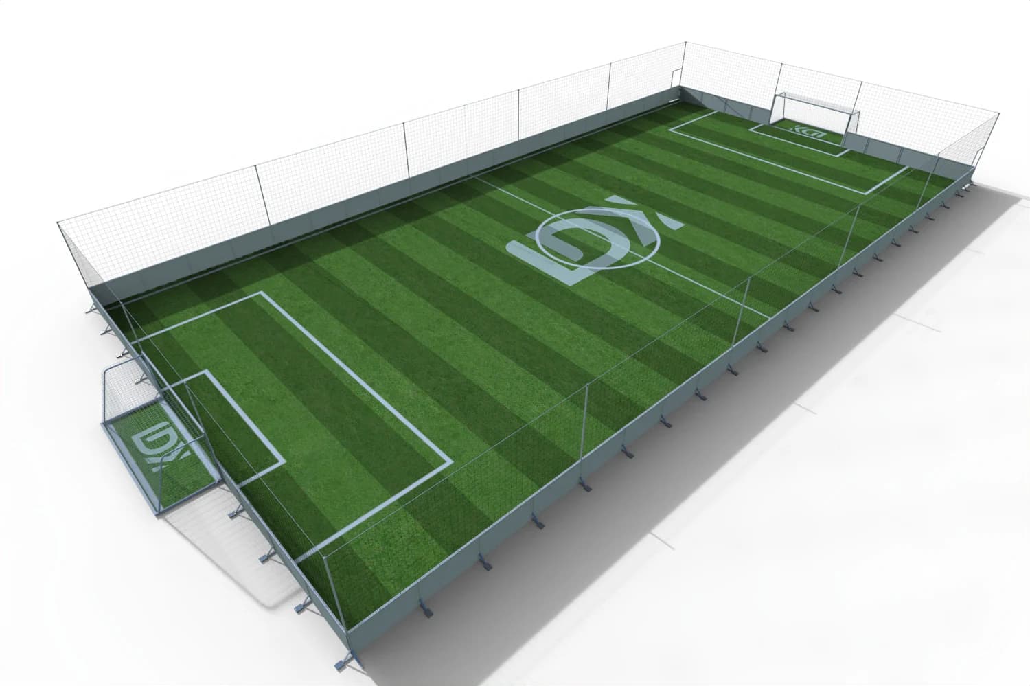 Elevated view of a removable soccer cage with composite lower boards and upper netting