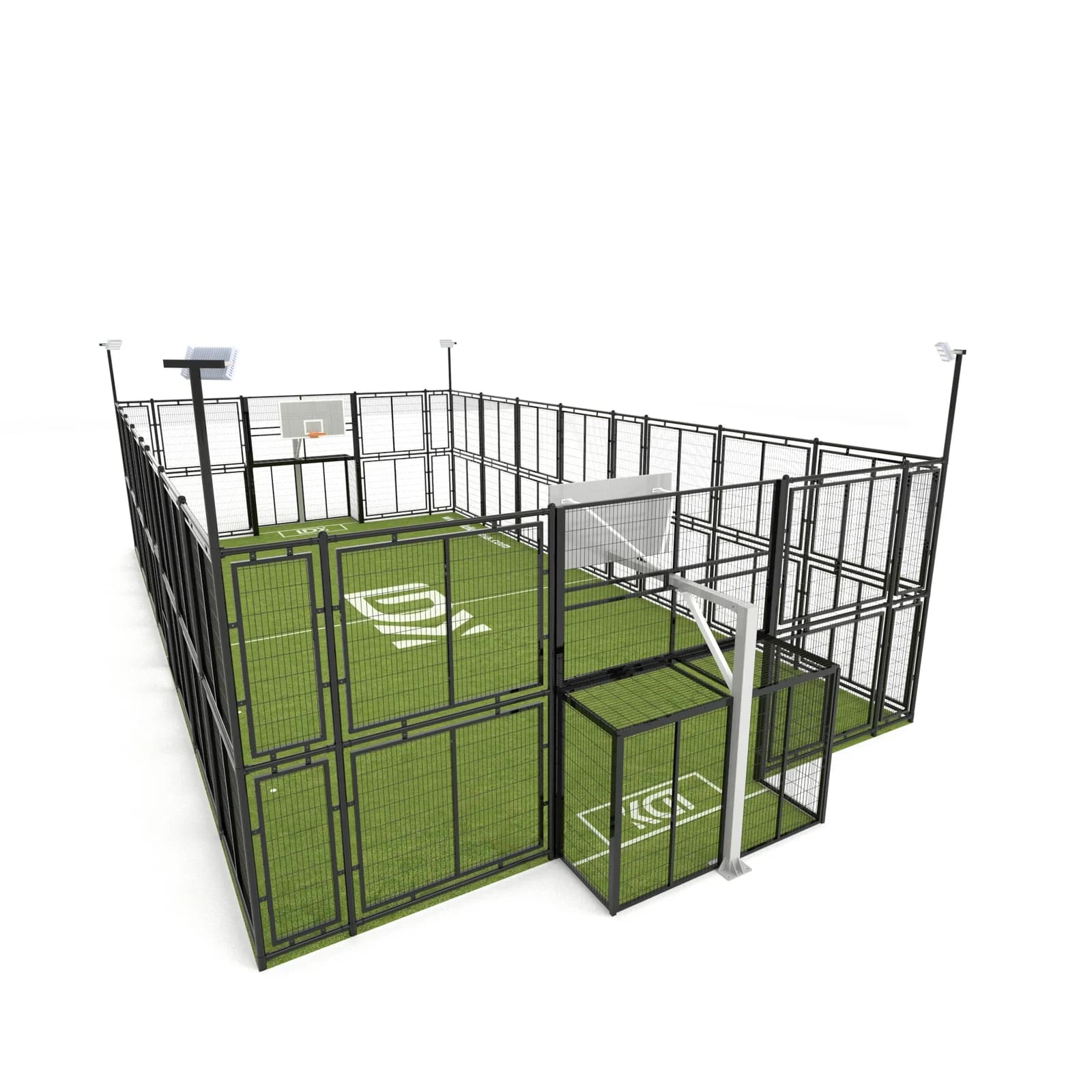 Combined football and basketball court with goals, hoops and welded-mesh enclosure