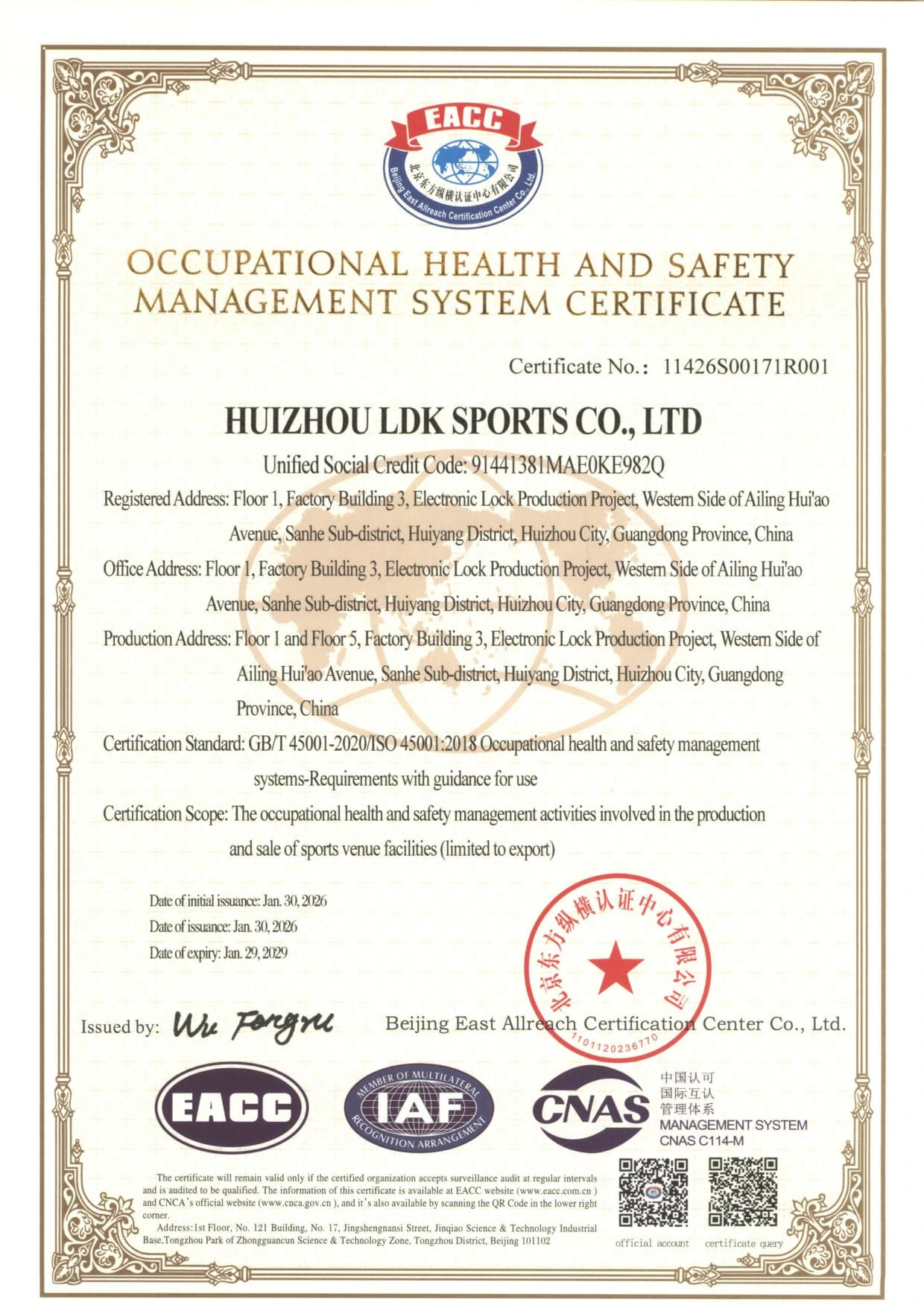 ISO 45001:2018 Occupational Health and Safety Management System. Issued to Huizhou LDK Sports Co., Ltd. · Valid through 29 January 2029