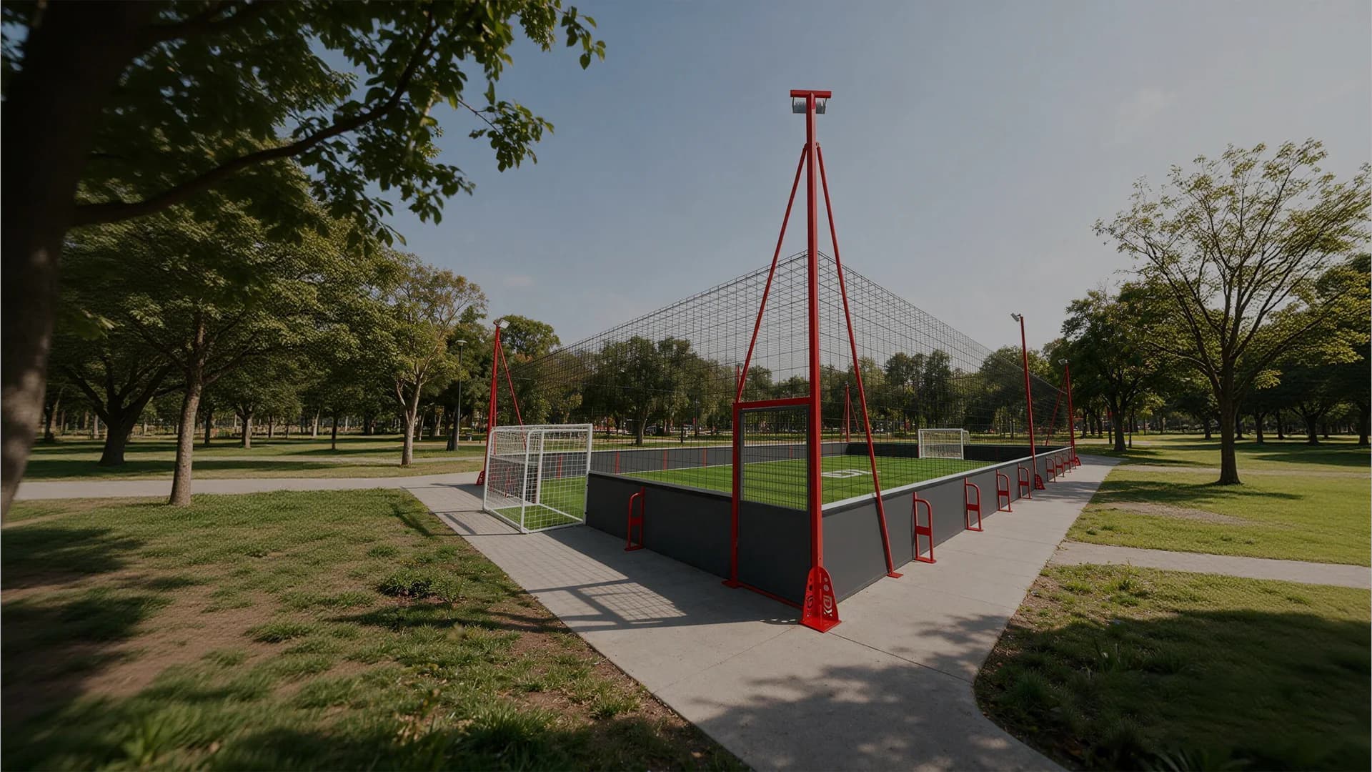 Landscaped outdoor football cage with rebound boards, mesh containment and lighting