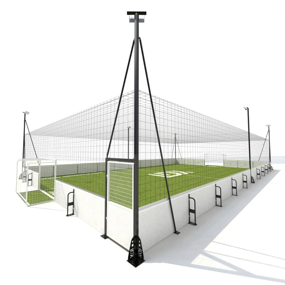 Rendered overview of an LDK removable composite-board soccer cage with counterweighted supports