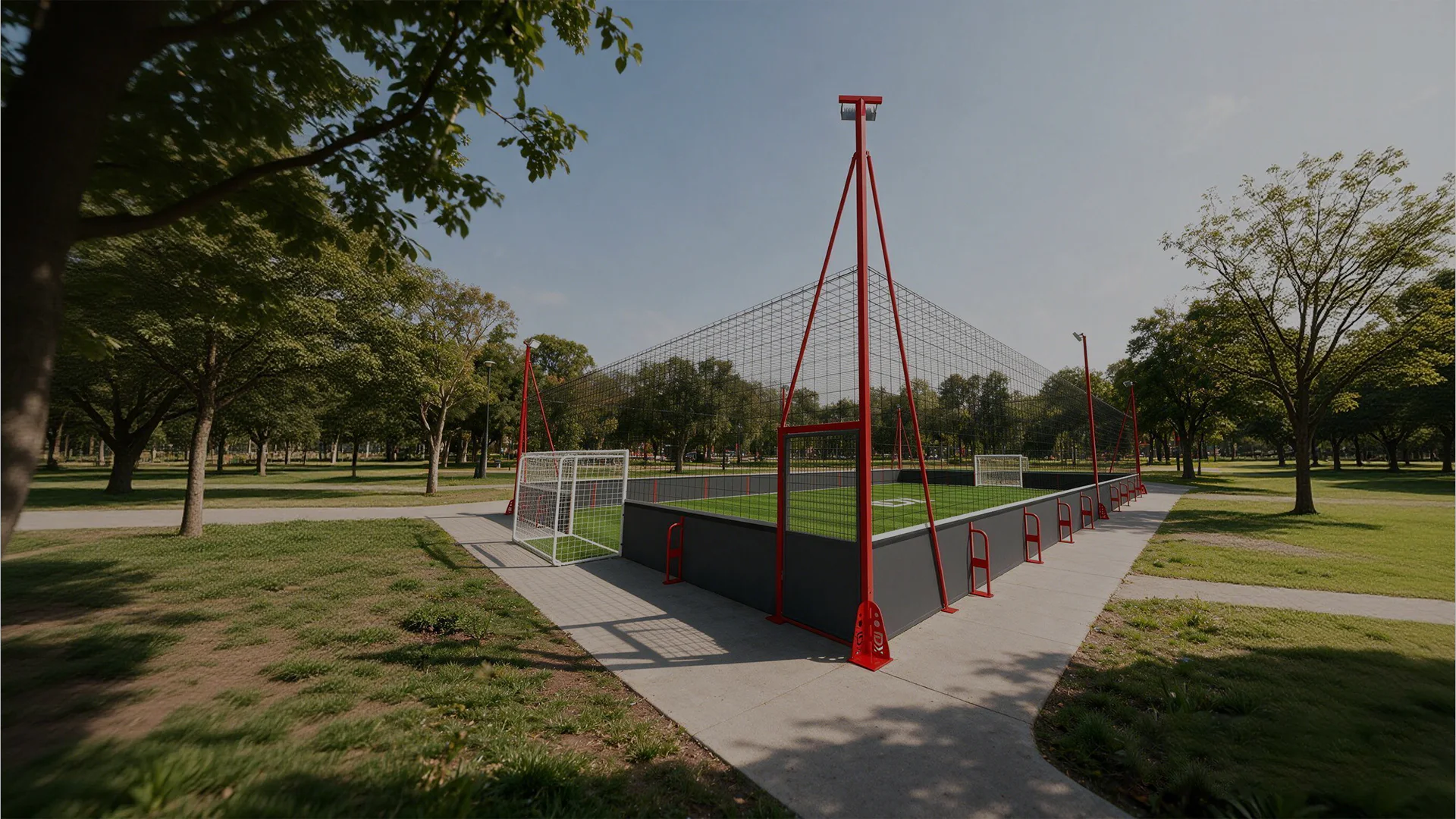 Landscaped outdoor football cage with rebound boards, mesh containment and lighting