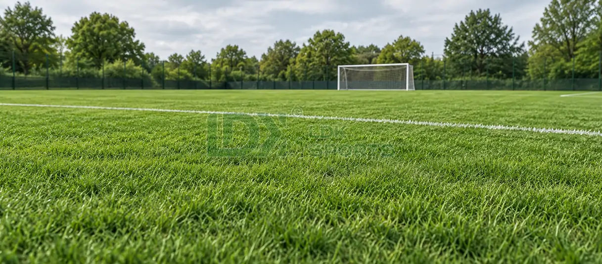 Natural-looking artificial grass covers a football pitch with white field markings, a goal, and surrounding trees.