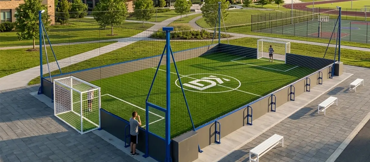 3D rendering of an outdoor soccer cage with green turf, perimeter boards, blue posts, overhead netting and goals.