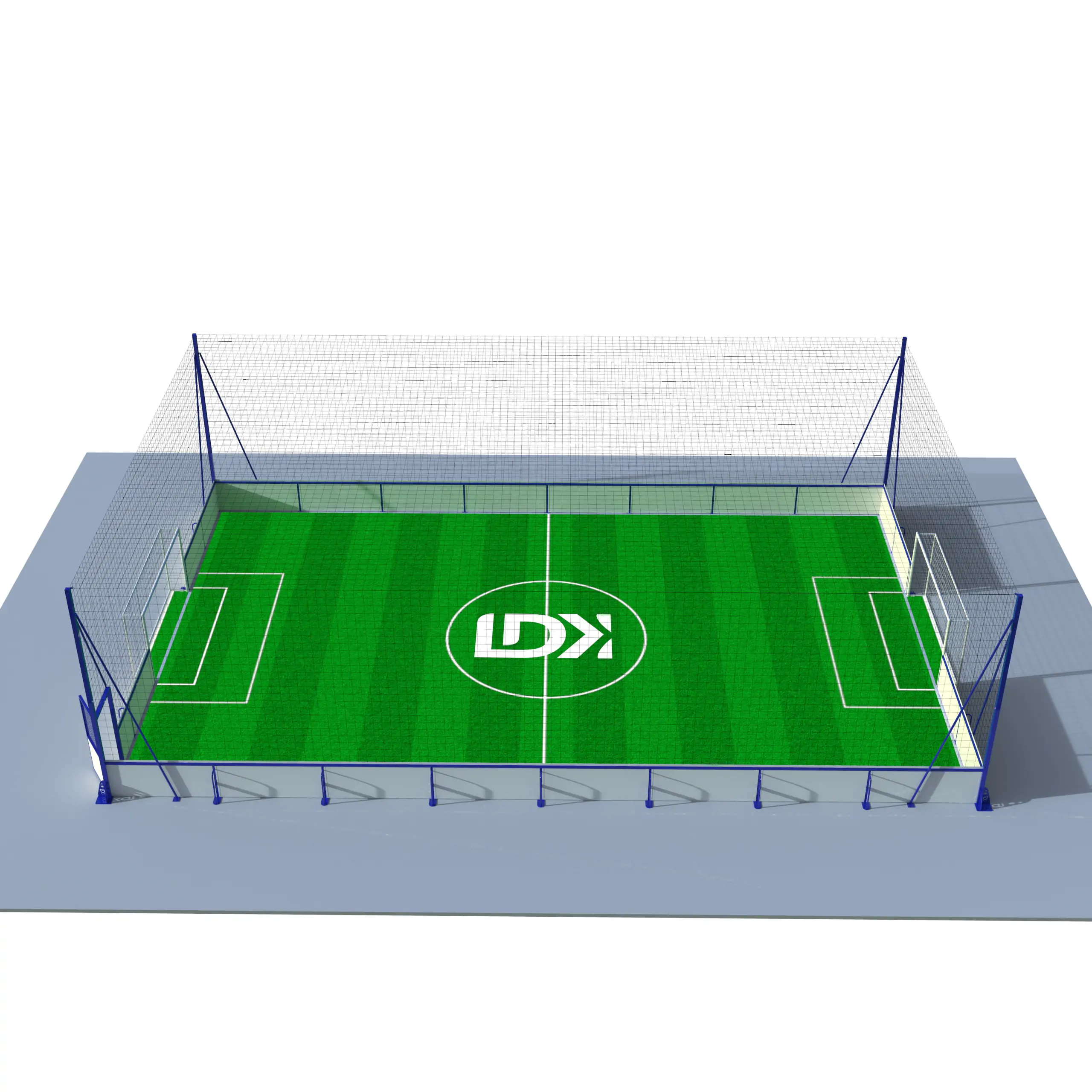 LDK football cage rendering with green turf, blue supports, composite perimeter boards and overhead netting.