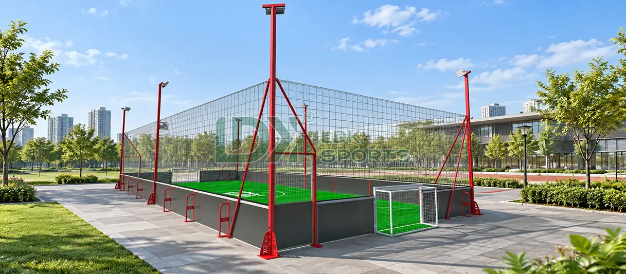 Red-and-gray soccer cage with composite panels, flexible netting, goals, and video equipment in a landscaped urban sports park.