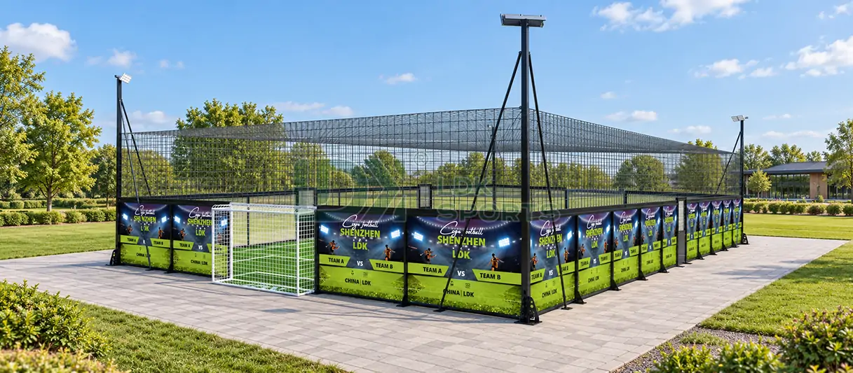 LDK cage football pitch with LED perimeter screens, overhead netting and a white goal in a landscaped outdoor sports park.