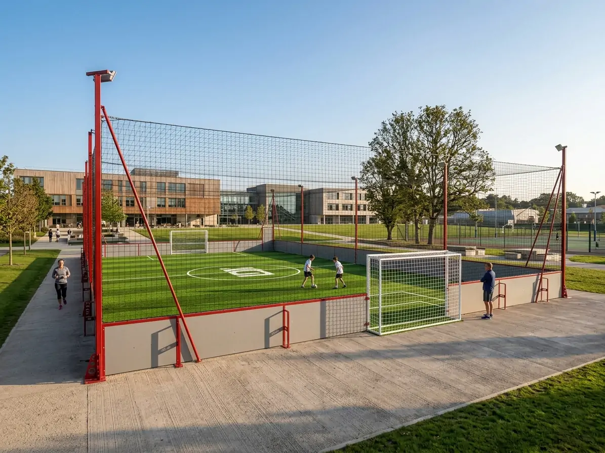 A freestanding red outdoor soccer cage with full ball-containment netting and artificial turf, used for small-sided football in a sunny open campus setting.