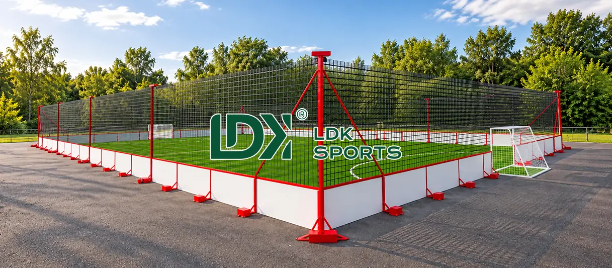 Removable Composite Plate football cage with red supports, white perimeter panels, upper netting and artificial turf.
