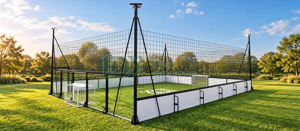 cage football court with glass panels, composite boards, flexible netting and lighting.