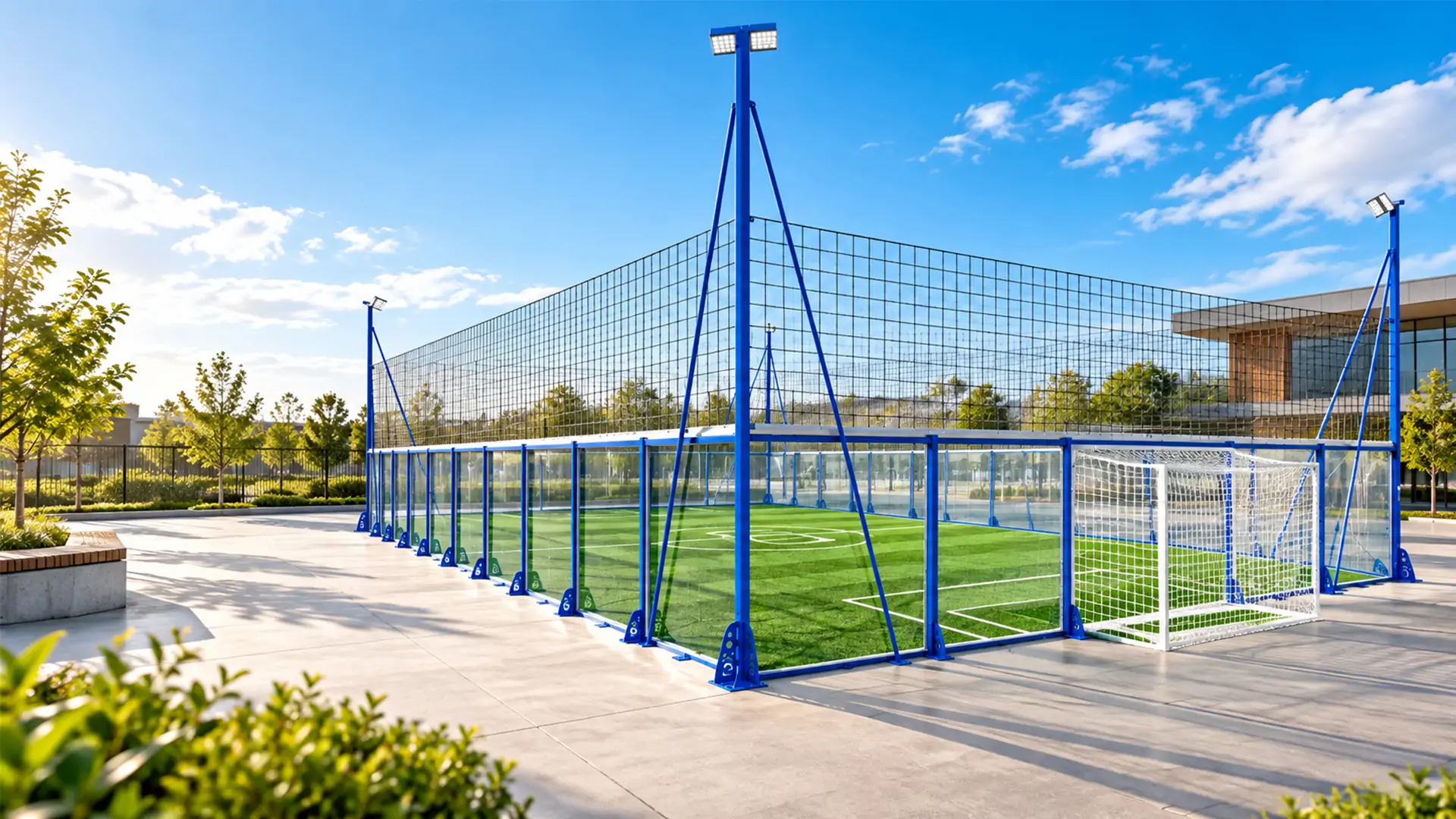 Outdoor soccer cage with blue steel framework, glass panels, protective netting and artificial turf for football training facilities