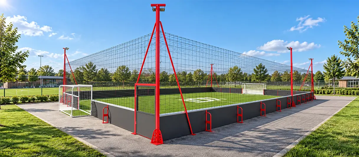Outdoor 24 × 14 m soccer cage with gray composite boards, red support posts and upper ball-stop netting.