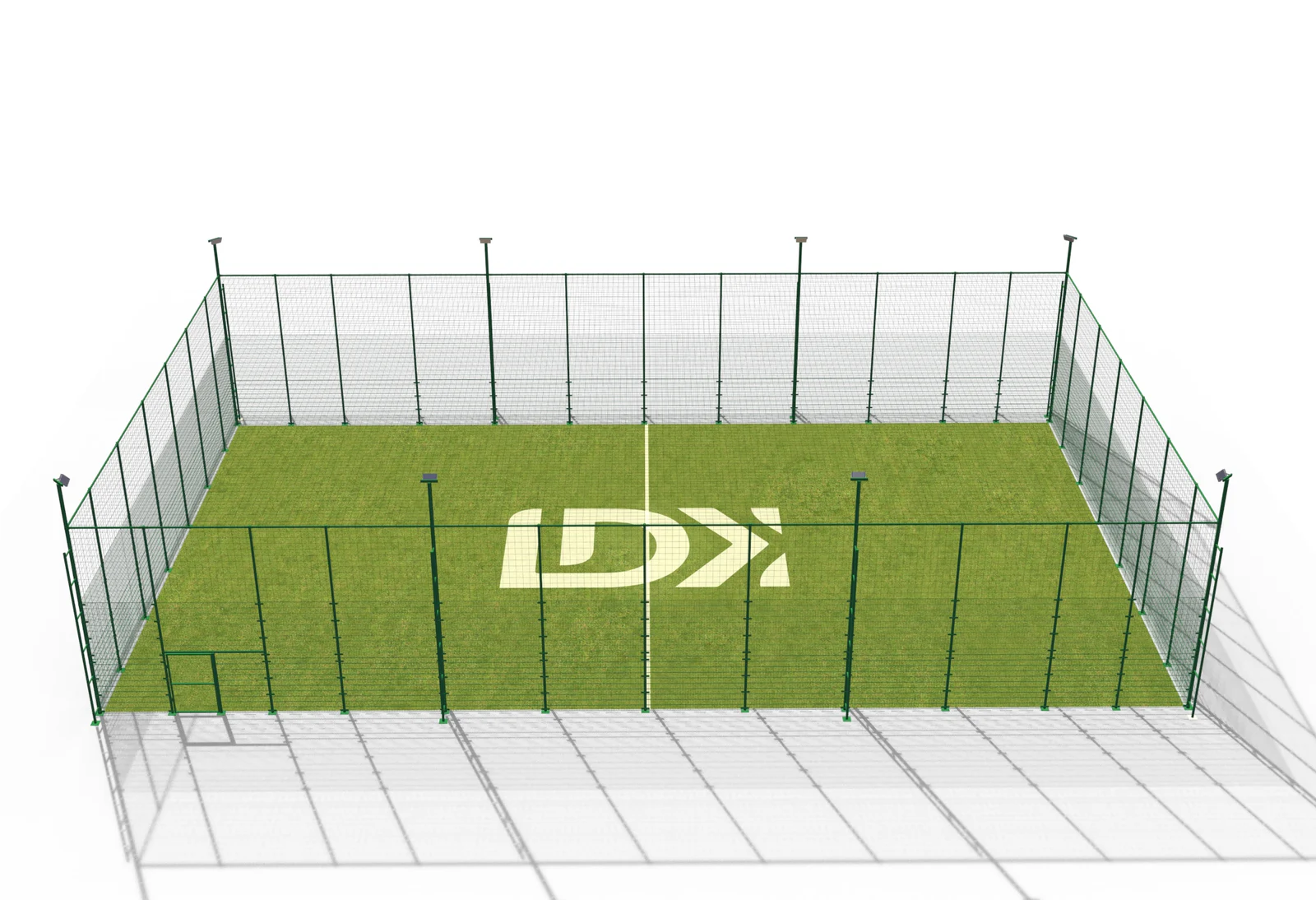 Elevated view of an LDK soccer cage enclosed with double-wire fence panels and lighting