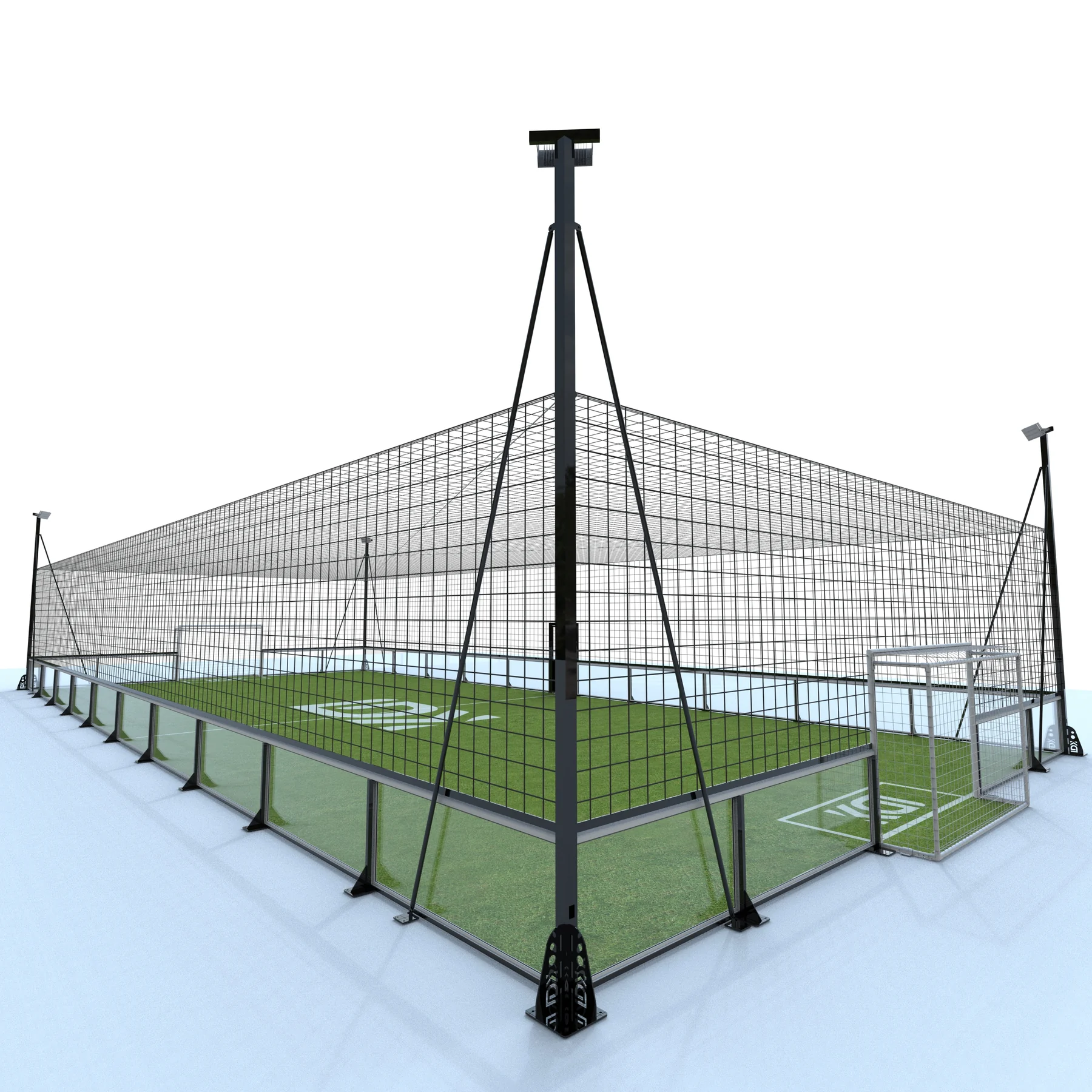 Front and entrance-side perspective of the tempered-glass soccer cage
