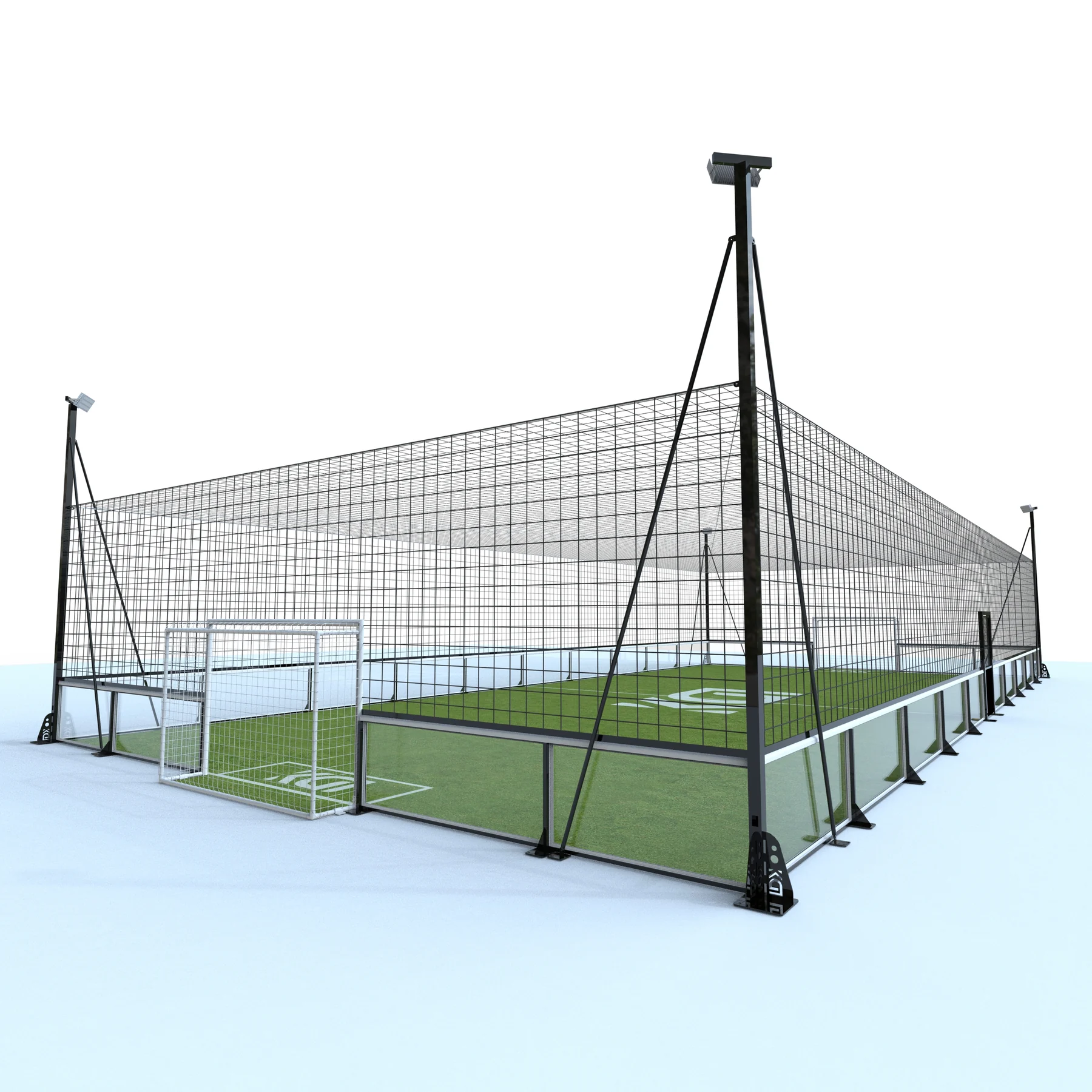 Front perspective of an LDK tempered-glass soccer cage with upper containment fencing