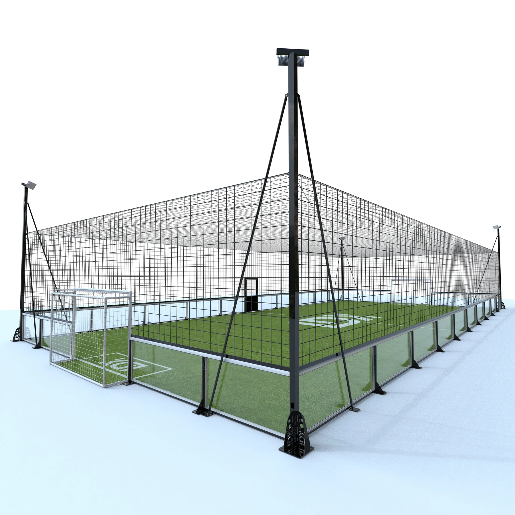 Rear-corner perspective of the tempered-glass soccer cage