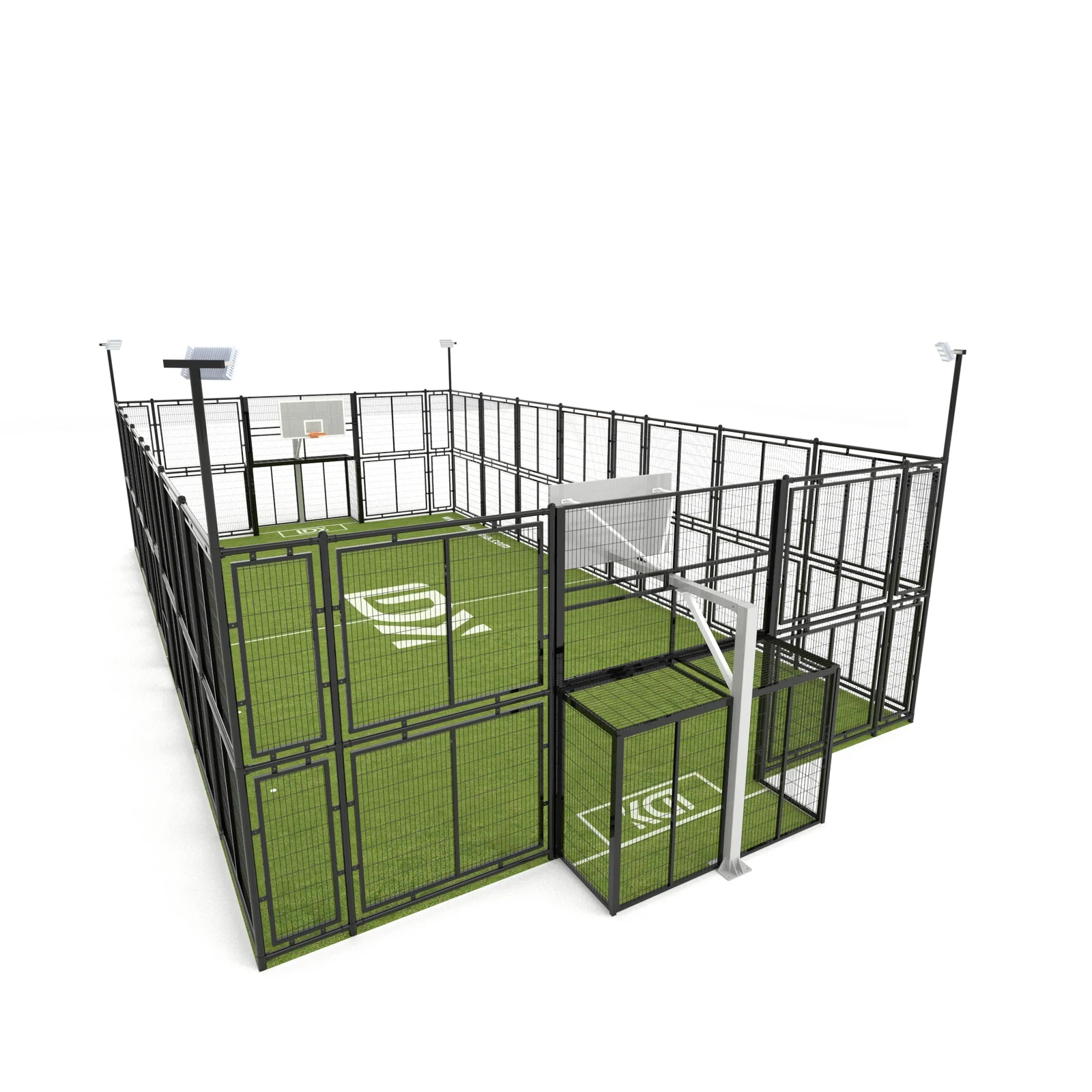 Combined football and basketball court with welded-mesh enclosure