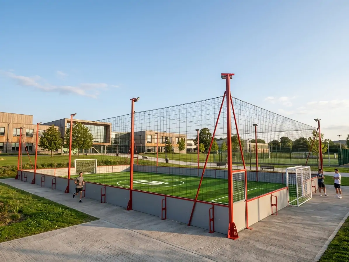 Indoor soccer cage with green artificial turf and grey impact bumper boards.