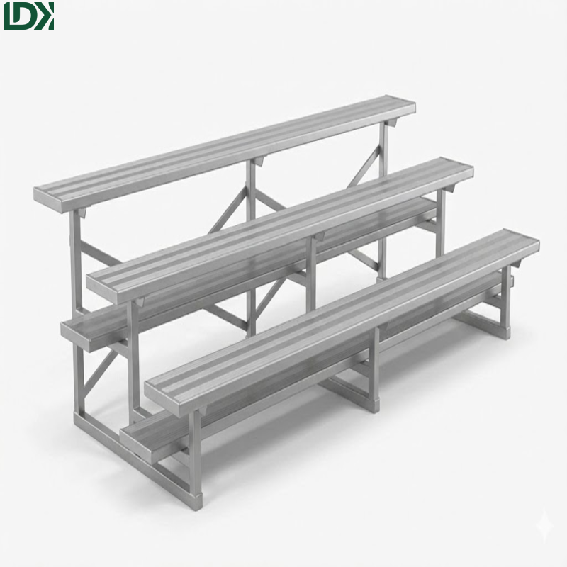 Three-row portable aluminum stadium seating bleachers isolated on white background.