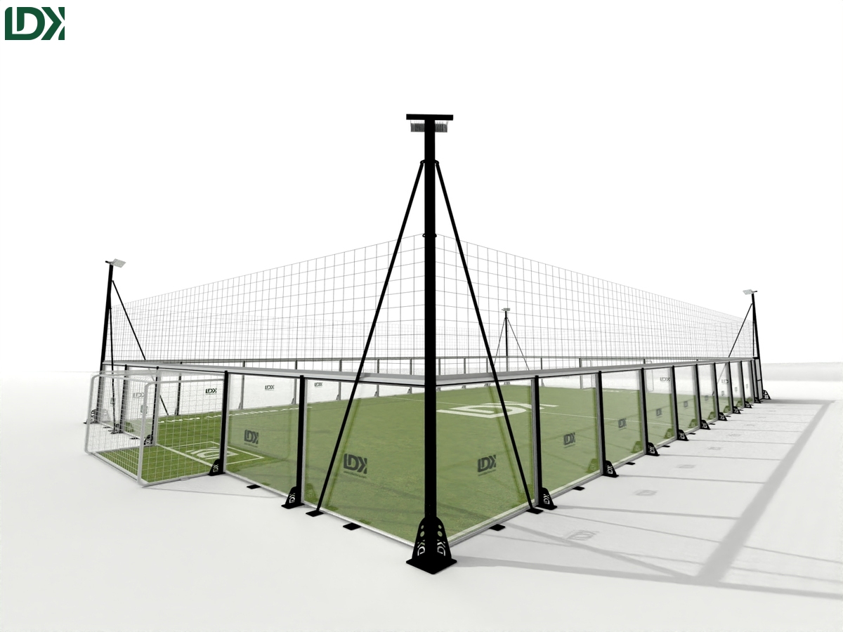 Tempered glass football cage court with steel structure for panoramic viewing in outdoor parks and clubs.