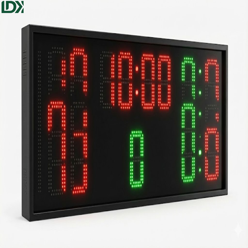Digital electronic sports scoreboard displaying red and green LED digits for home and guest scores.