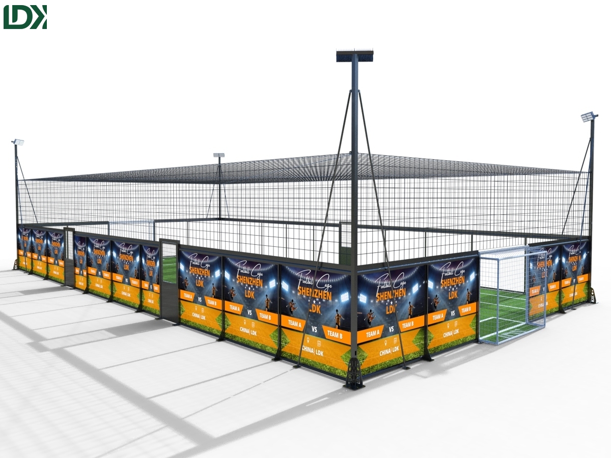 Complete illuminated cage football court at night with LED lighting, artificial turf, and roof netting system.