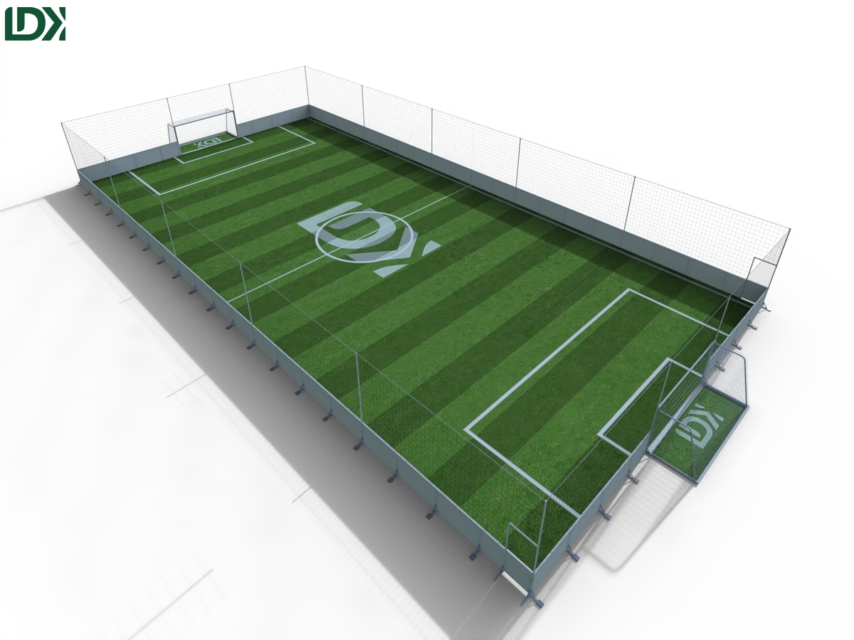 Easy-assembly portable football pitch structure with interlocking modular fencing panels on white background.