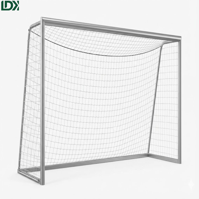 Heavy-duty aluminum alloy soccer goal post with white net isolated on white background.