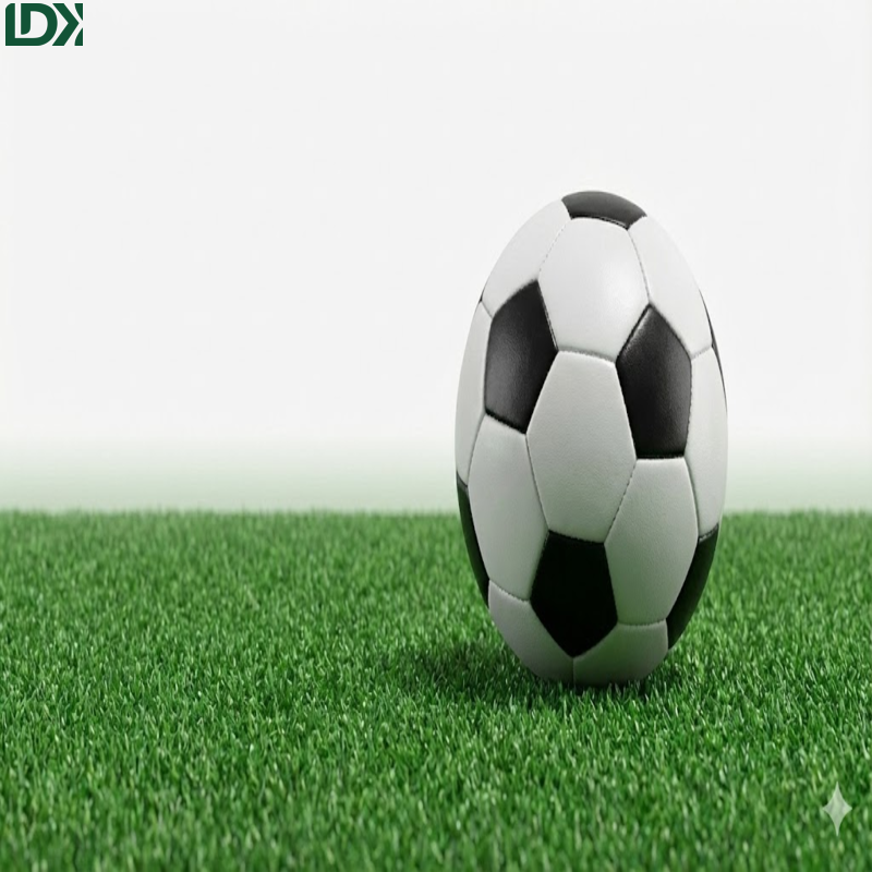 Close-up view of green synthetic artificial grass fibers with a soccer ball on white background.