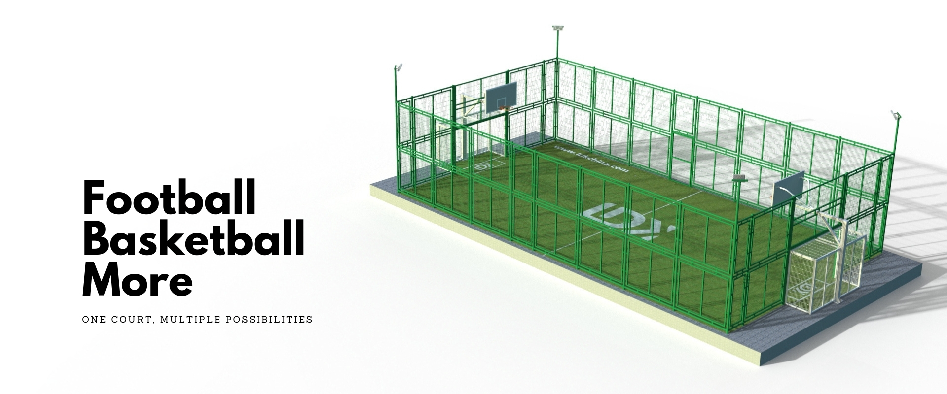 Multi-purpose cage sports court combining football goals and basketball hoops with green fencing.
