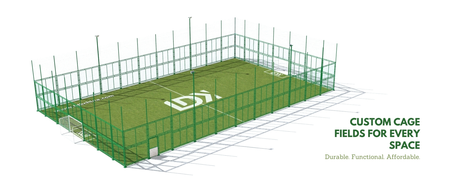 Large outdoor green cage football field with high fencing and lighting system for sports parks.