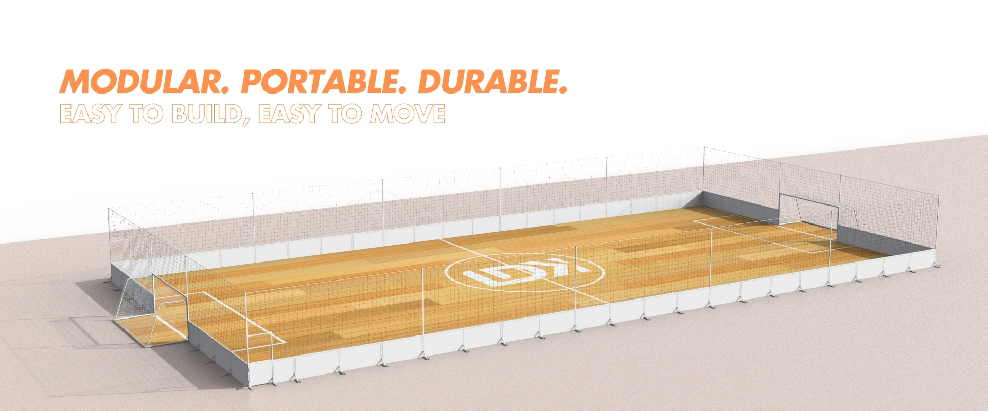 Portable and modular cage football pitch with wooden flooring, easy to assemble for events.