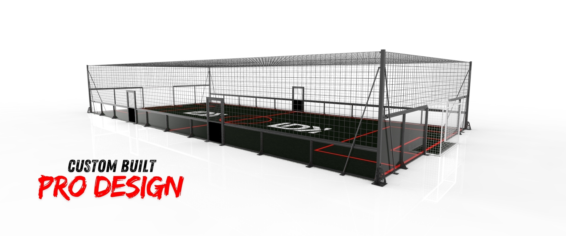 LDK Sports custom built professional cage football system with black powder coating and integrated goal posts.